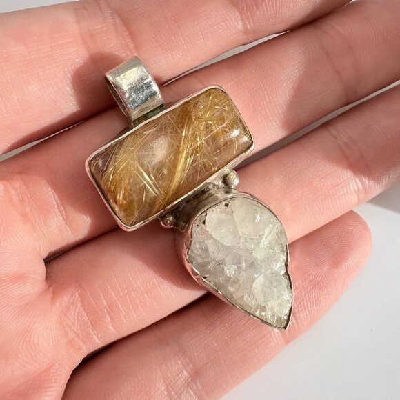 VTG Sterling Silver 925 Rutilated Quartz Bezel Set Pendant Size 1.75" Length - Picture 4 of 12